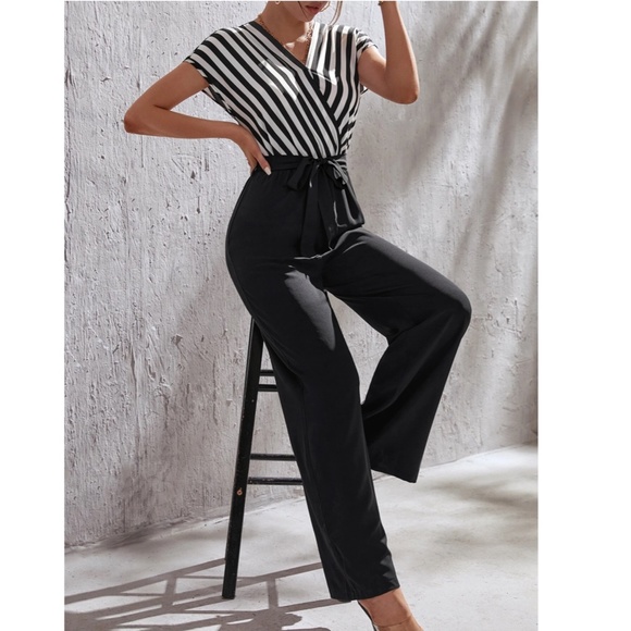Striped Top V-Neck Surplice Short Sleeve White Black Wide Leg Jumpsuit - Picture 7 of 14
